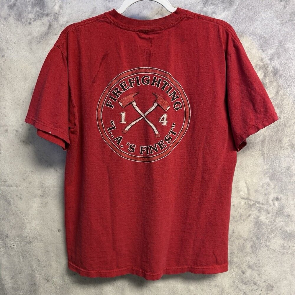 Vintage Los Angeles Fire Fighter T Shirt Mens Medium Red Short Sleeve Y2K